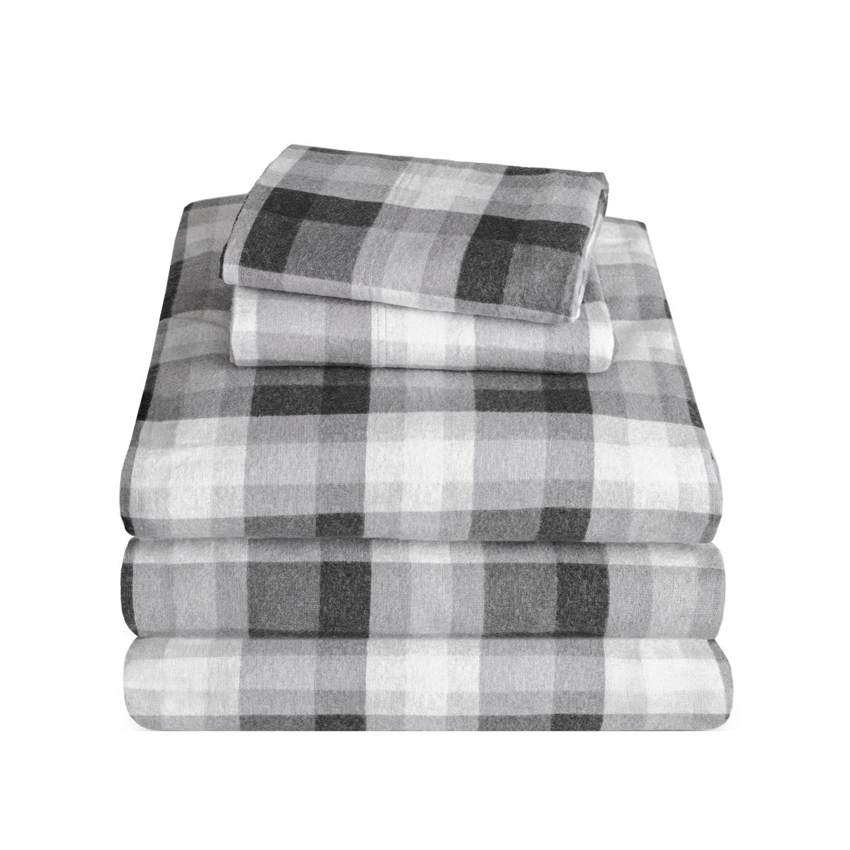 Stack of flannel sheets and pillowcases on a white background