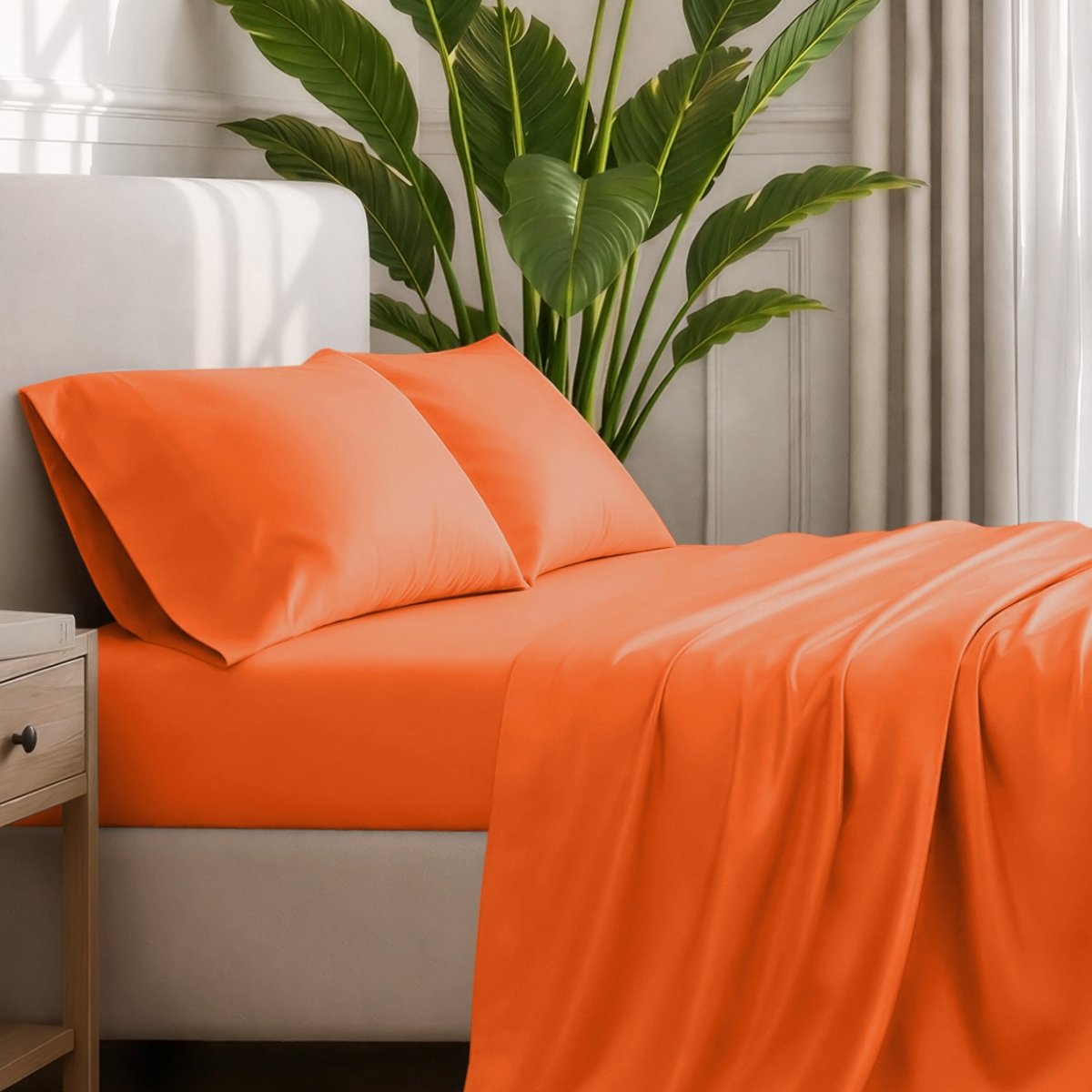 Ultra-soft sheets and pillowcases on a bed with a plant in the background