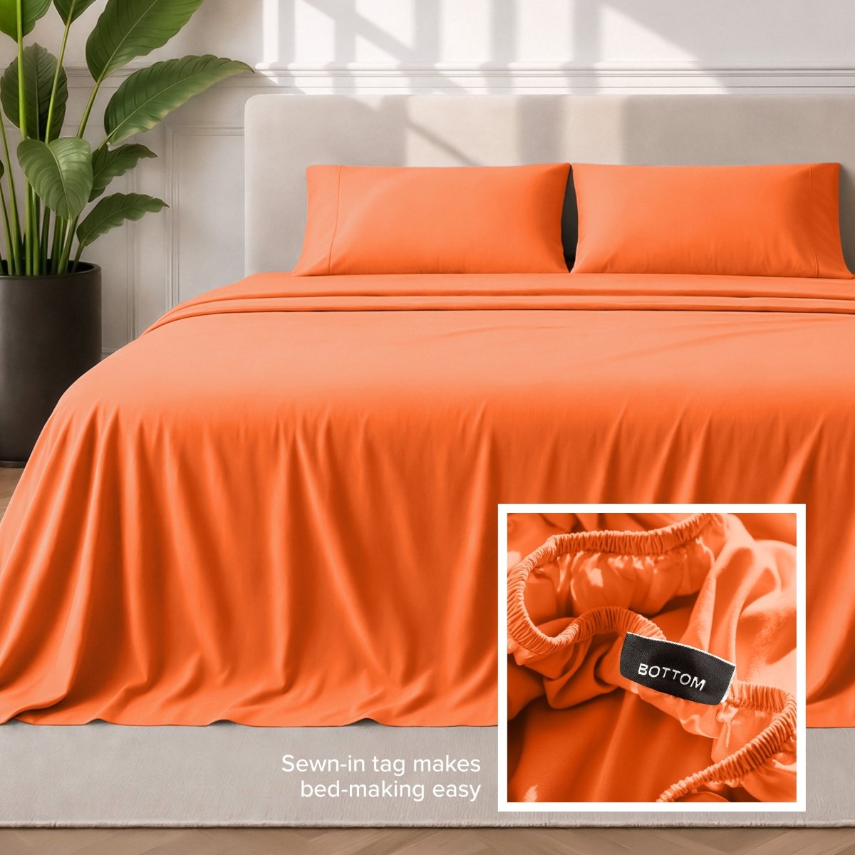 Sewn-in tag makes bed-making easy