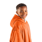 Close up of a sherpa wearable blanket on a child