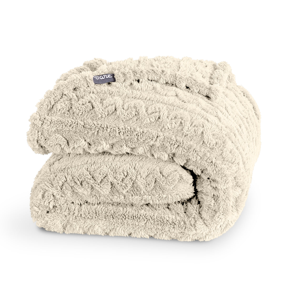 Folded oyster blanket with a Bare brand tag on a white background