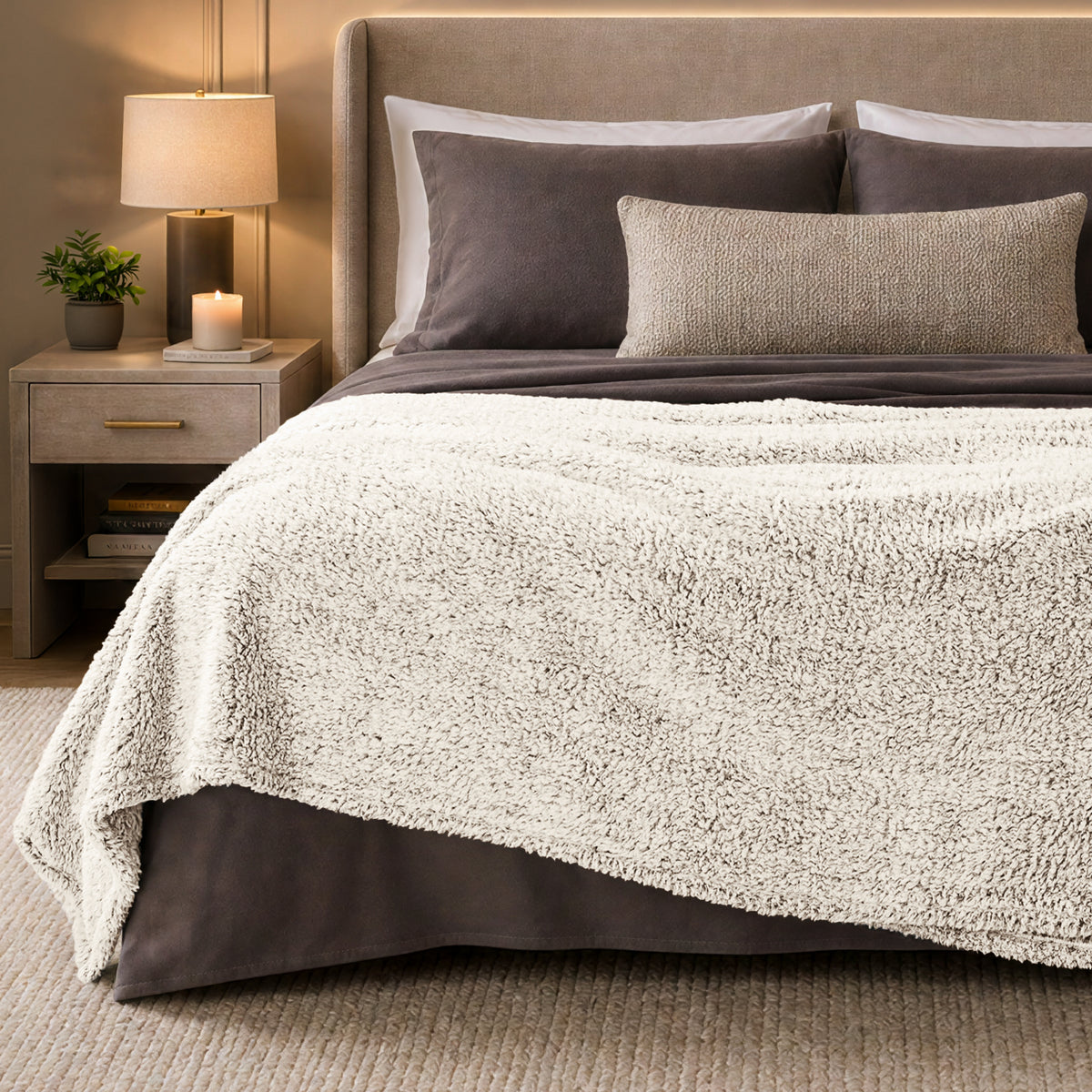 A bed with a tipped sherpa blanket draped over the end