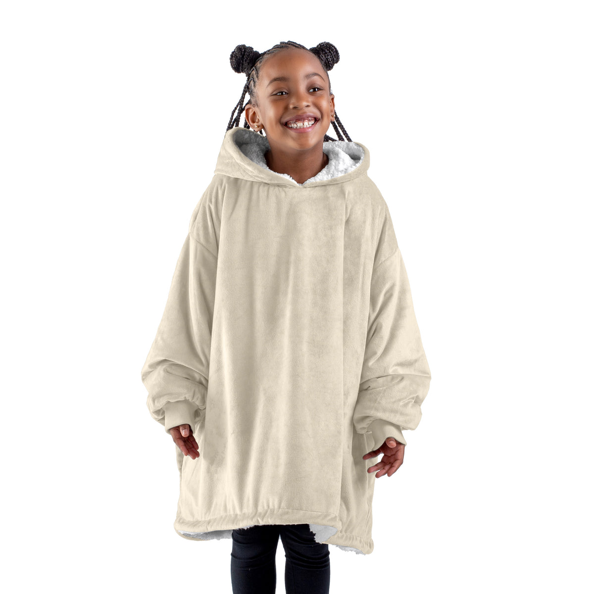 A child with a sherpa wearable blanket on