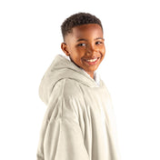 Close up of a sherpa wearable blanket on a child