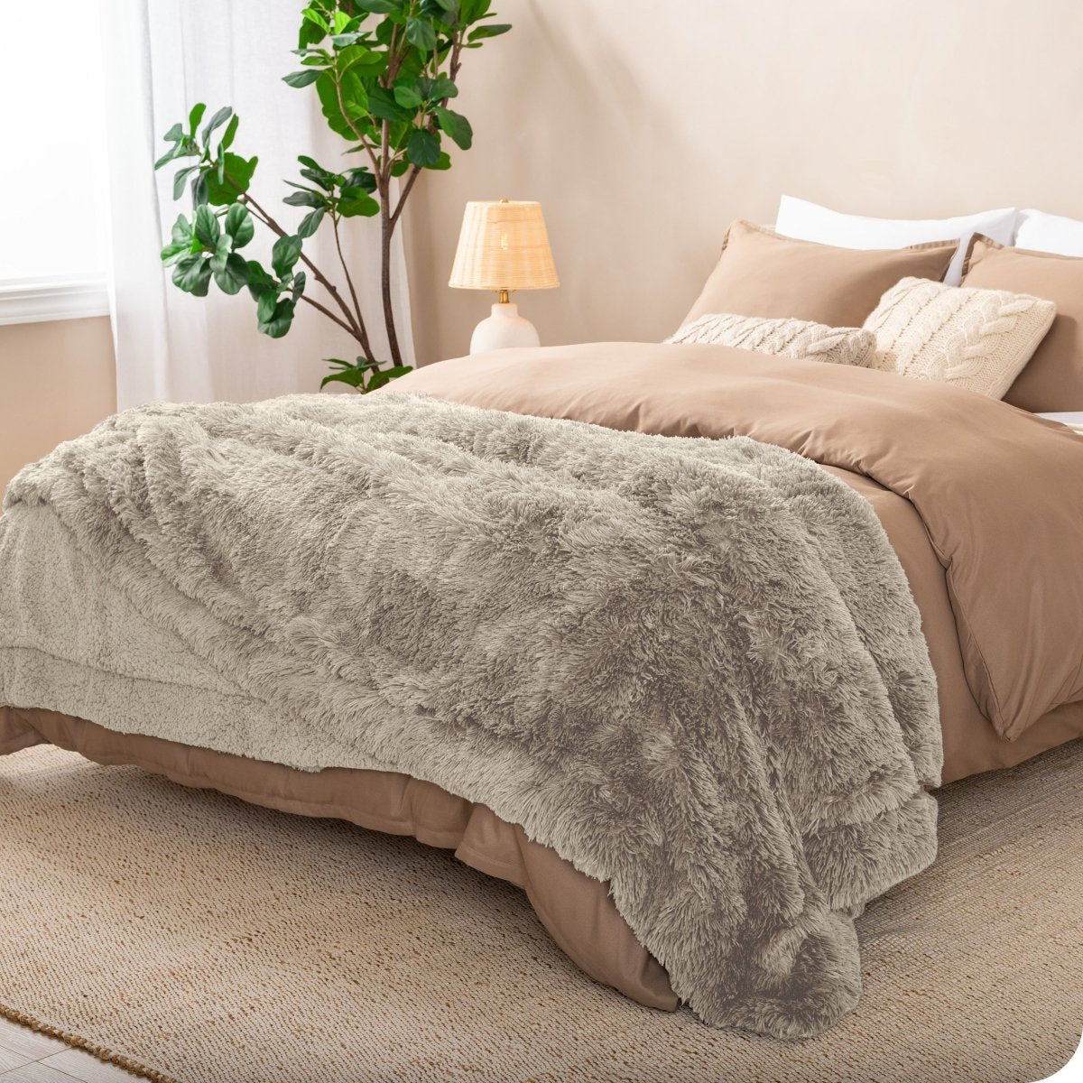 Close up of the soft texture of a shaggy faux fur sherpa blanket