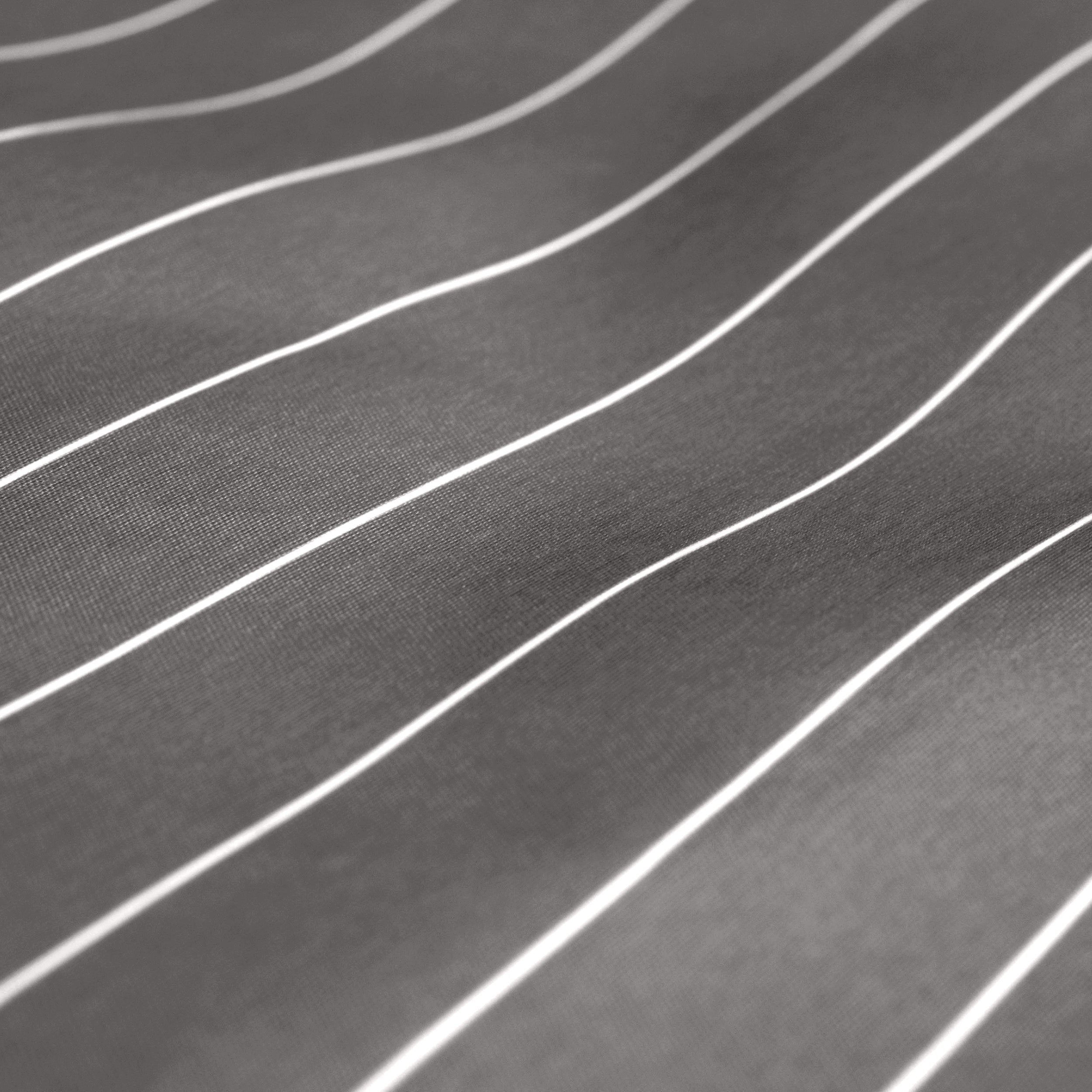 A close-up of dark gray fabric with thin white pinstripes
