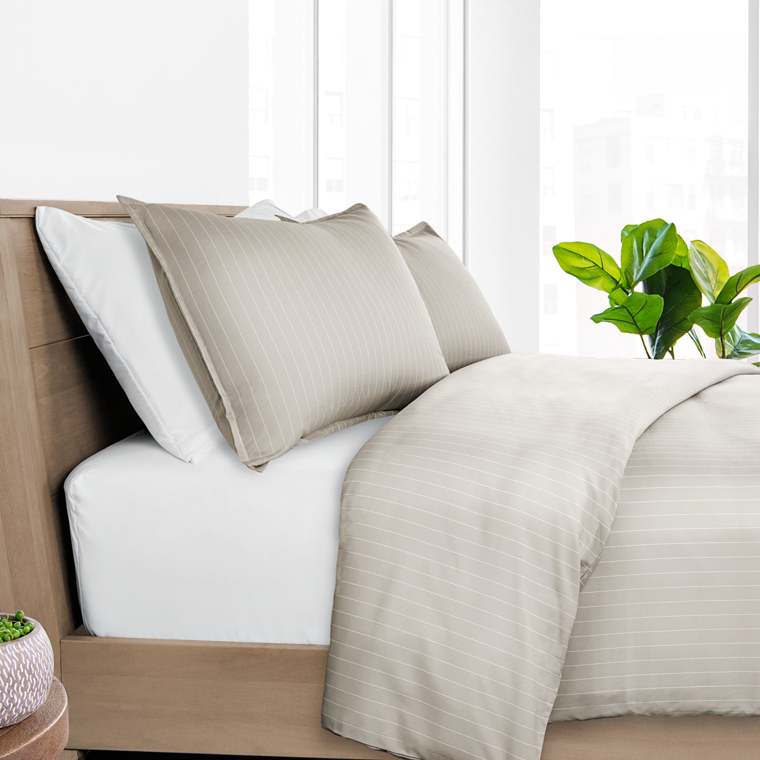 Neatly made bed with beige and white bedding, pillows, and a plant in a bright room.