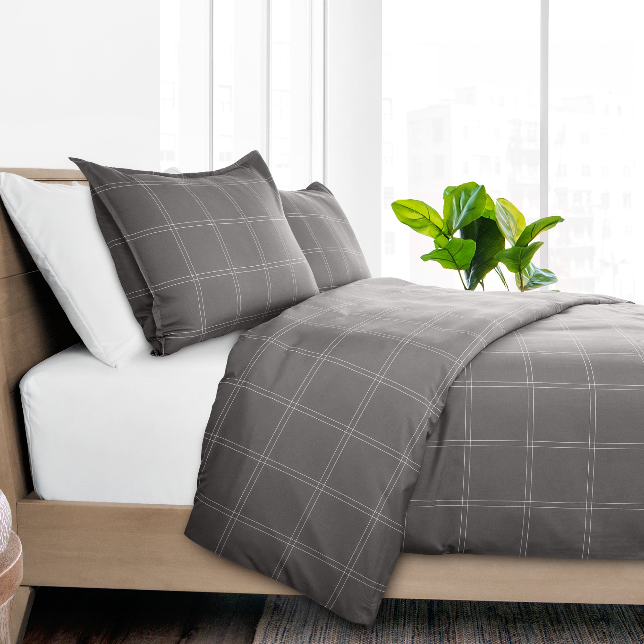 Duvet set on a bed with a plant in the background.