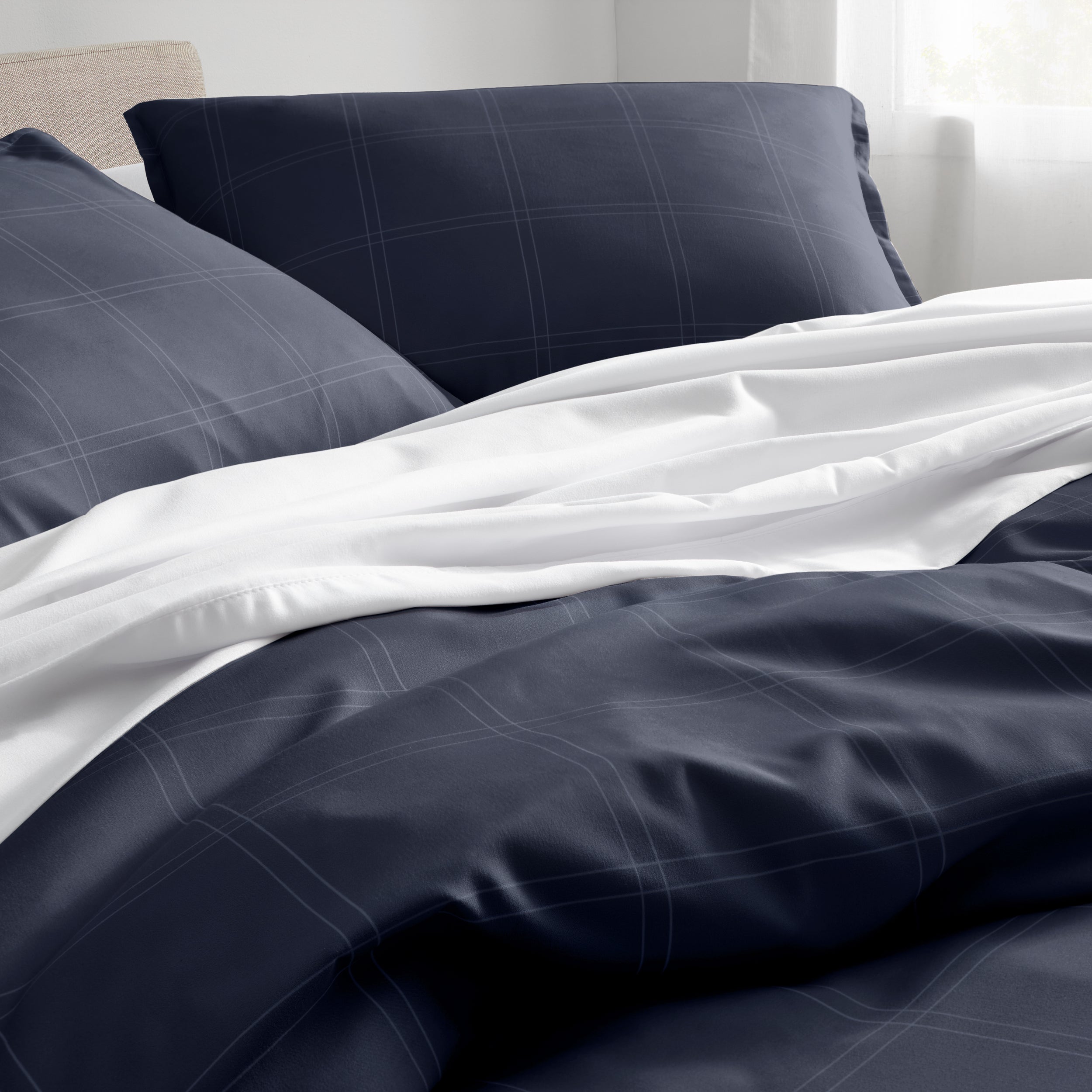 Close up of a printed duvet on a bed