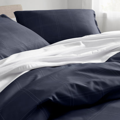 Close up of a printed duvet on a bed