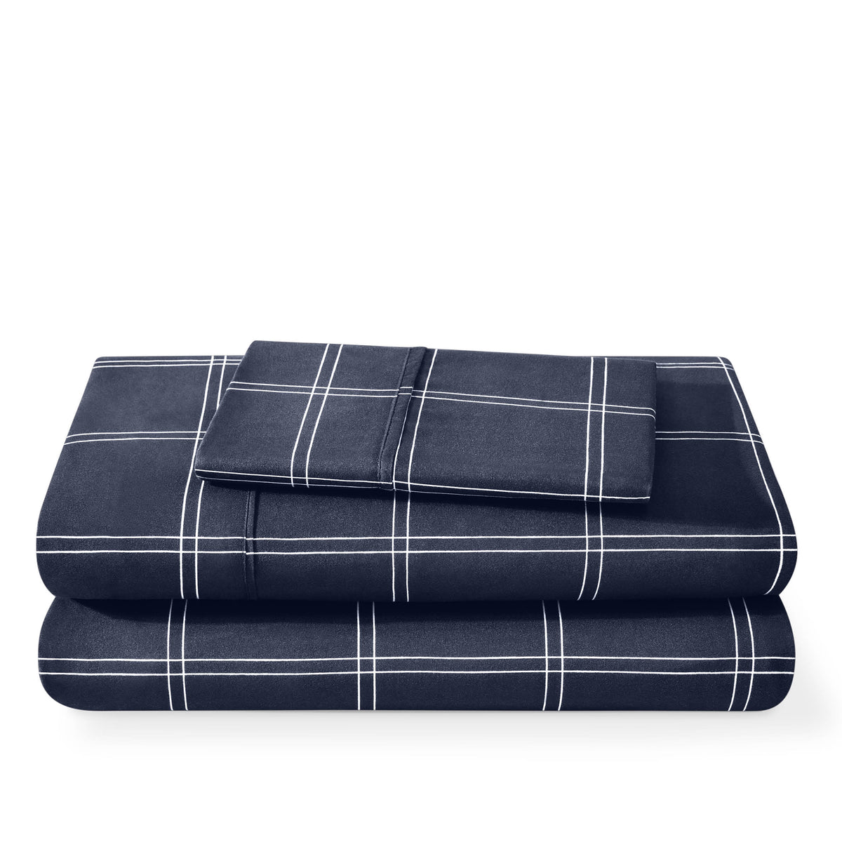 Folded navy blue plaid blanket on a white background