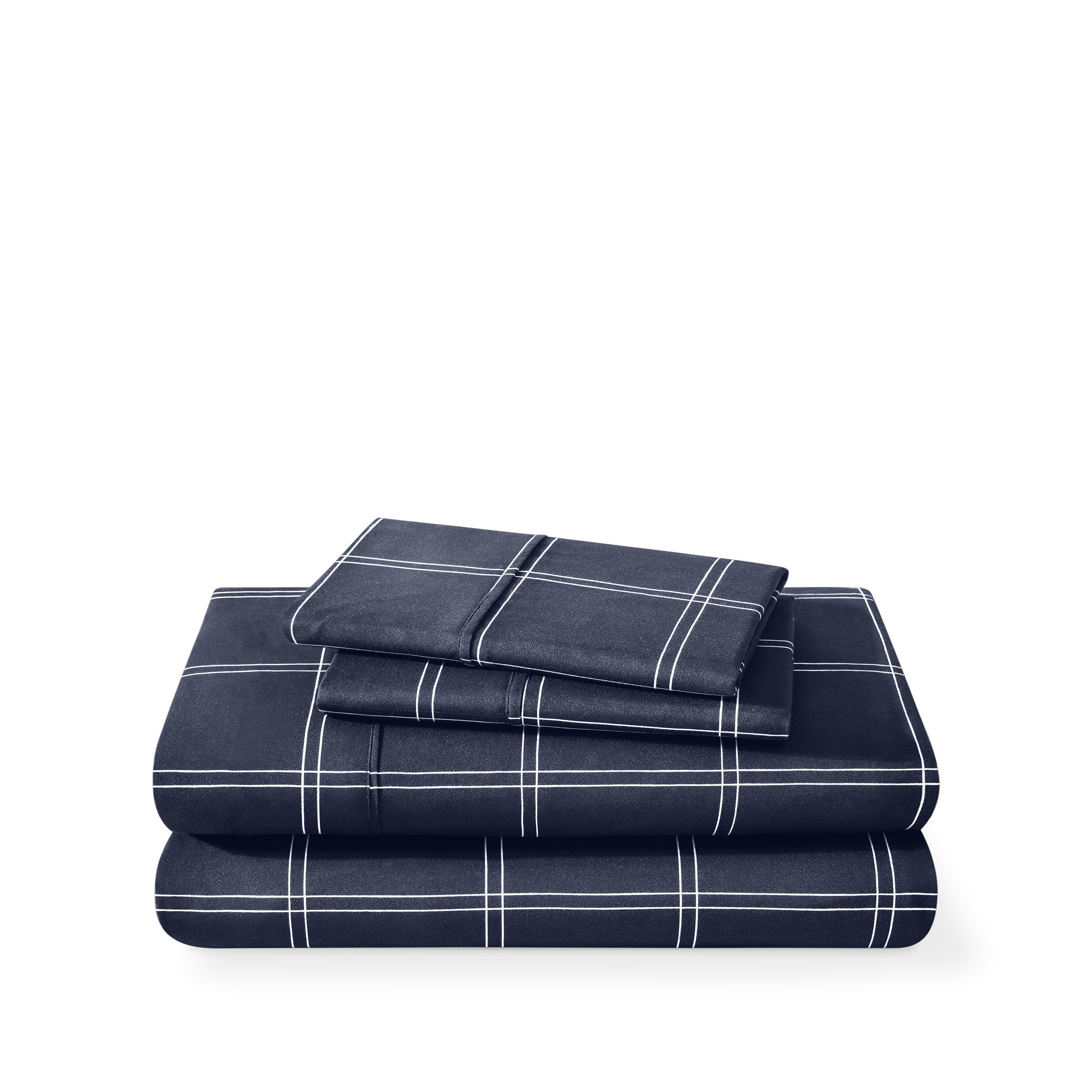 Plaid sheet set folded and stacked