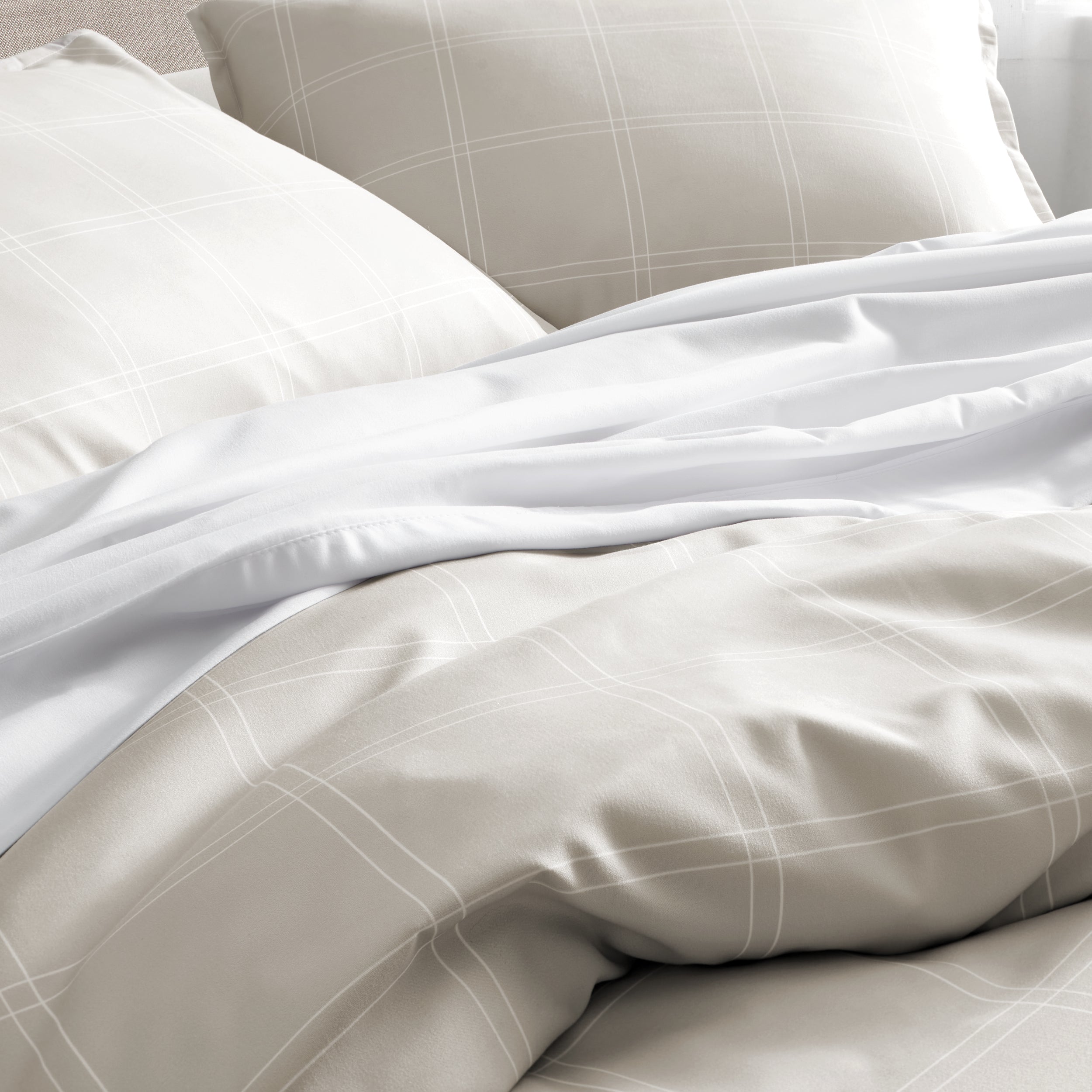 Close up of a printed duvet on a bed