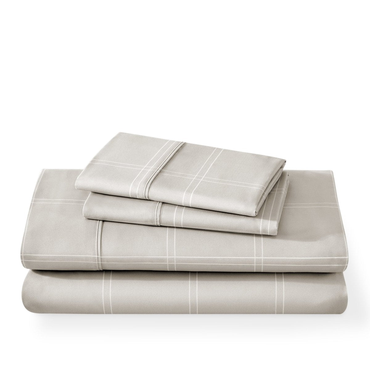 Plaid sheet set folded and stacked