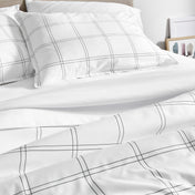 Close up of a printed duvet on a bed