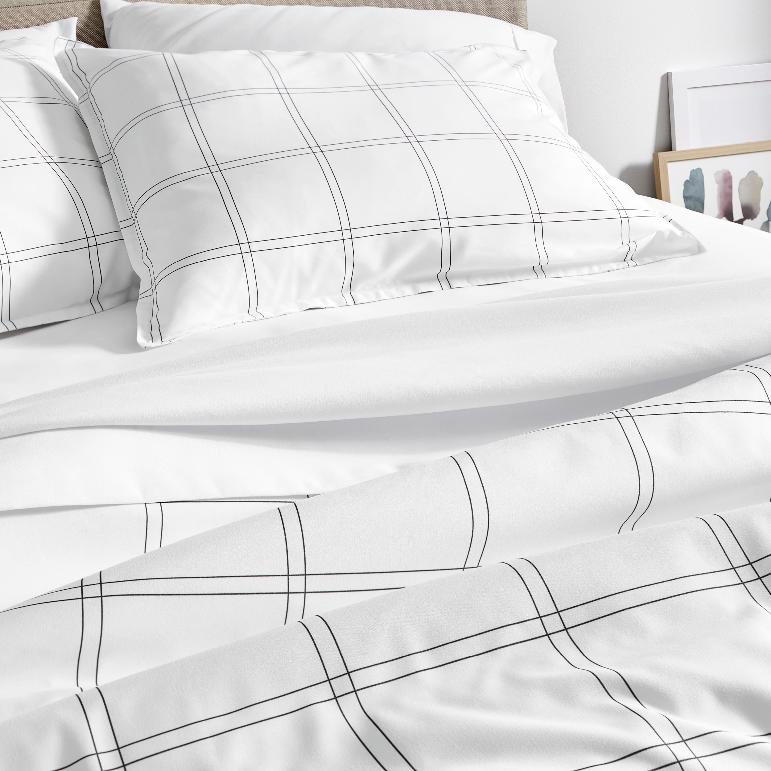 Close up of a printed duvet on a bed