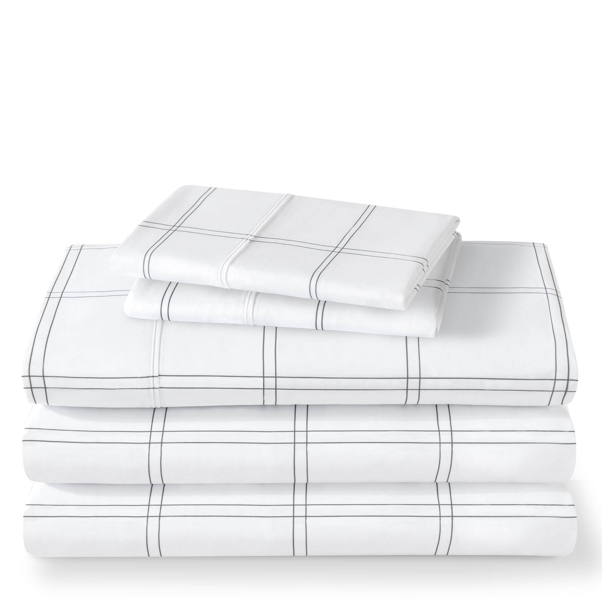 White bed sheets with black grid pattern on a white background