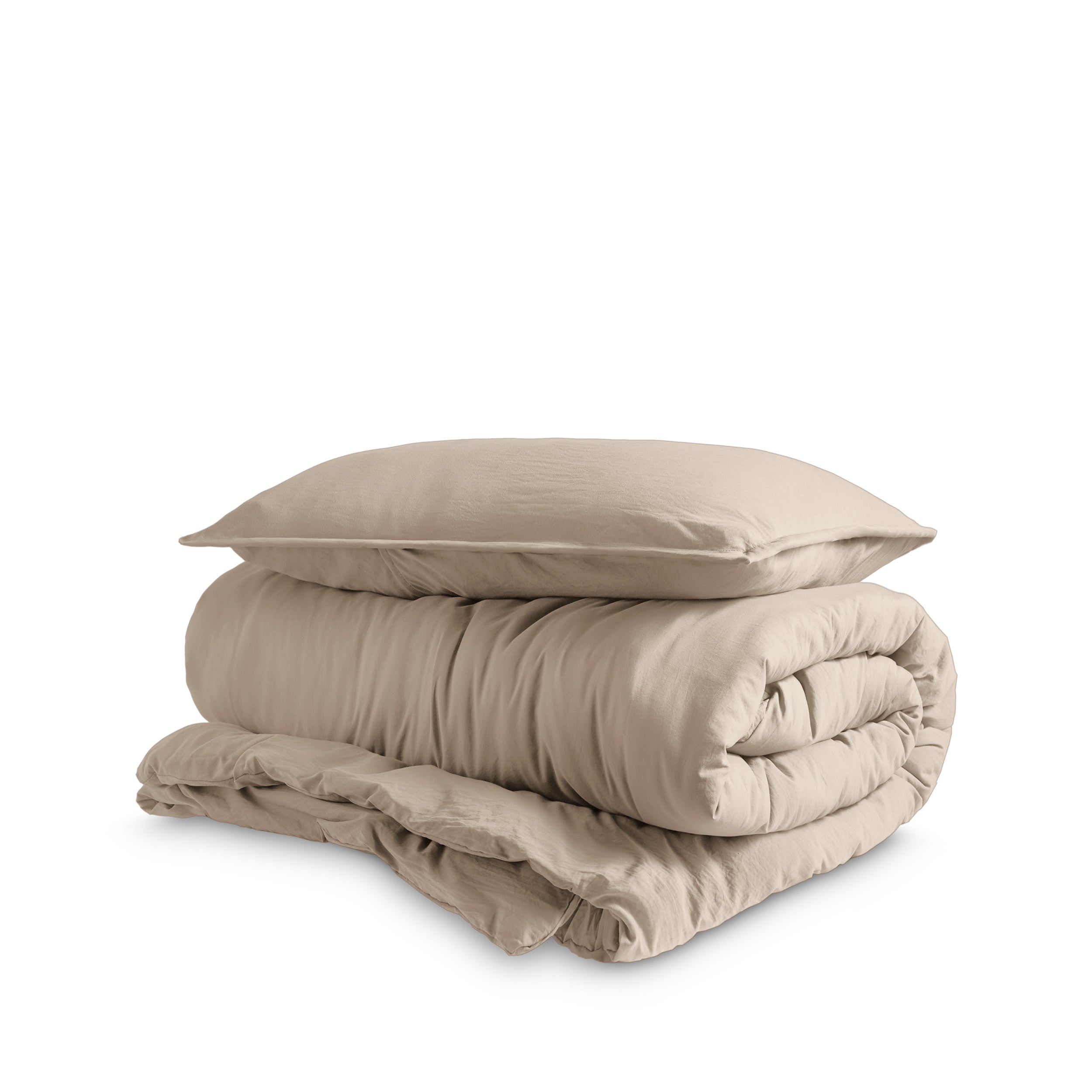 Washed duvet cover and sham set folded and stacked