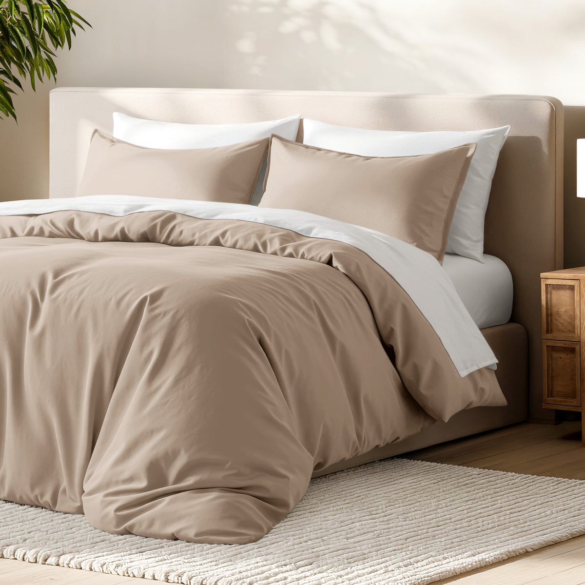 Bed with microfiber duvet cover and sham set in a bedroom setting.