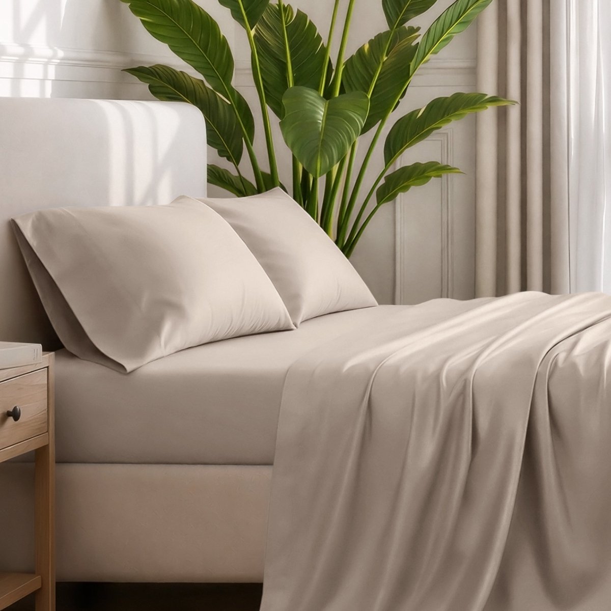 Ultra-soft sheets and pillowcases on a bed with a plant in the background