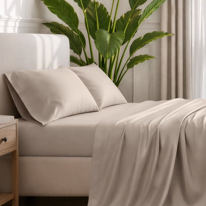 Ultra-soft sheets and pillowcases on a bed with a plant in the background