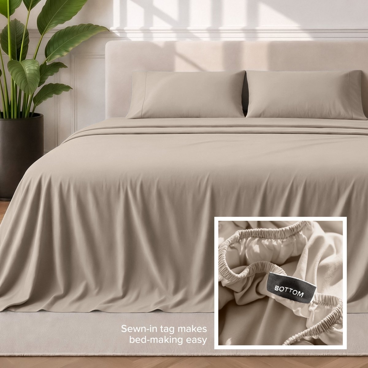 Sewn-in tag makes bed-making easy