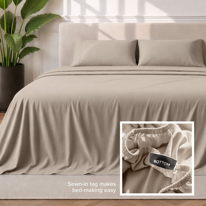 Sewn-in tag makes bed-making easy