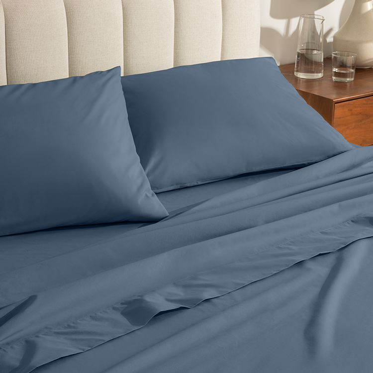 Blue bedding set on a bed with pillows and a plant in the background
