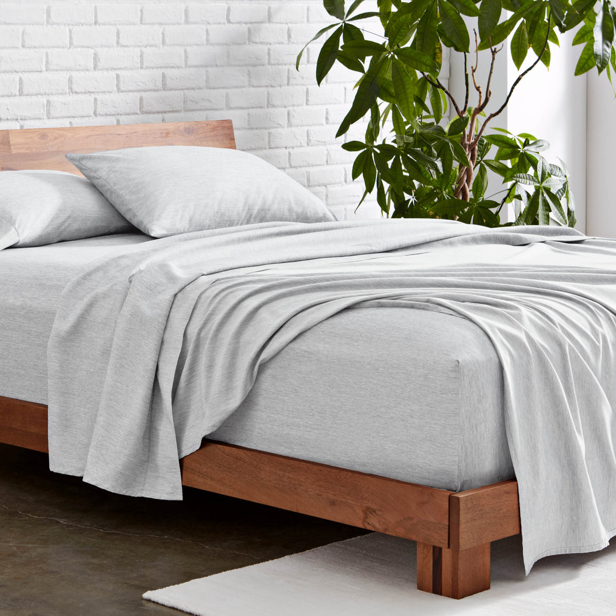 Microfiber sheet set on a wooden bed with a plant in the background