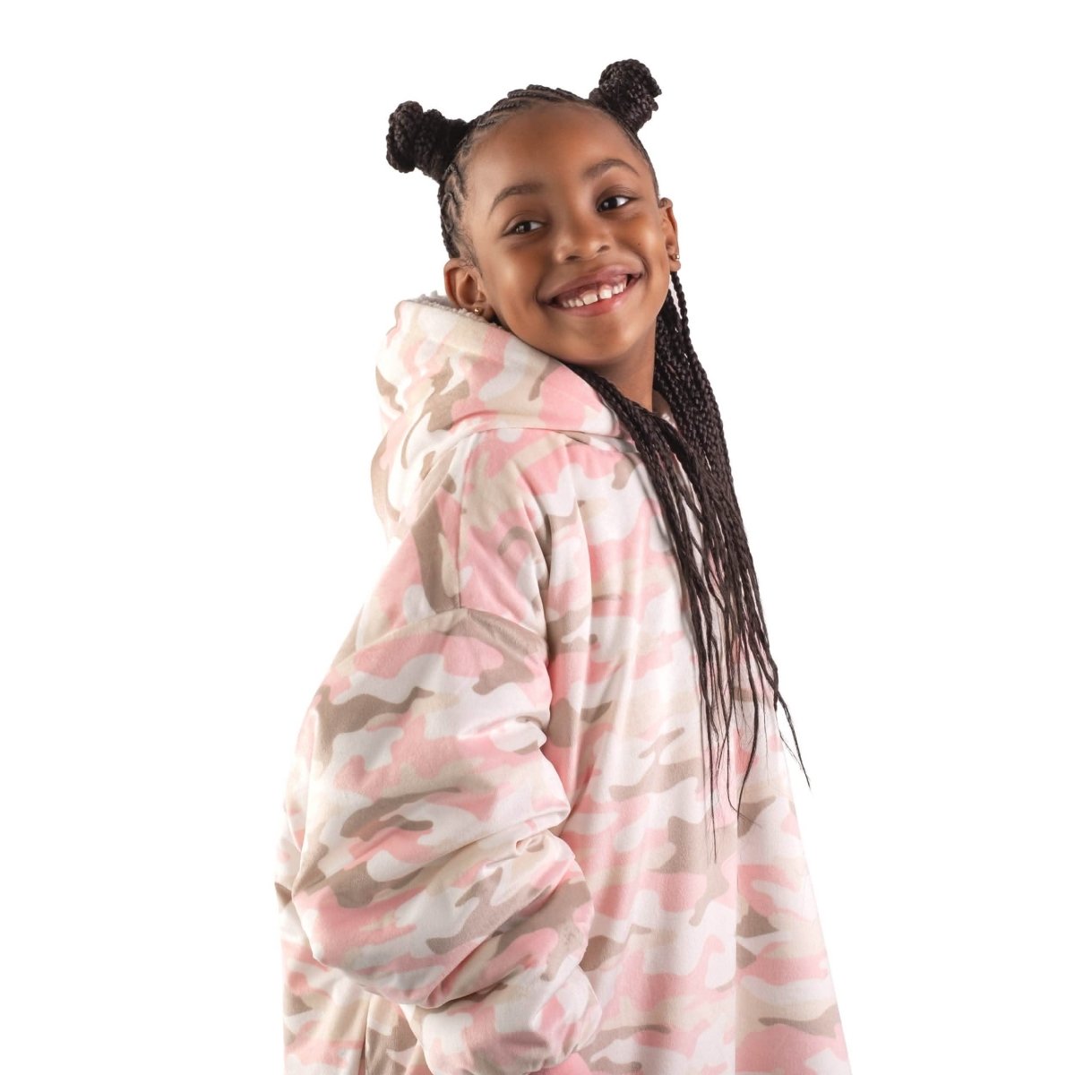 A child with a wearable blanket on