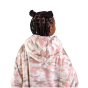 Close up of a sherpa wearable blanket on a child