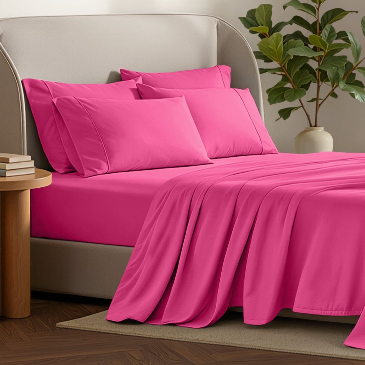 Bed sheets and pillows on a bed with a plant and side table in the background.