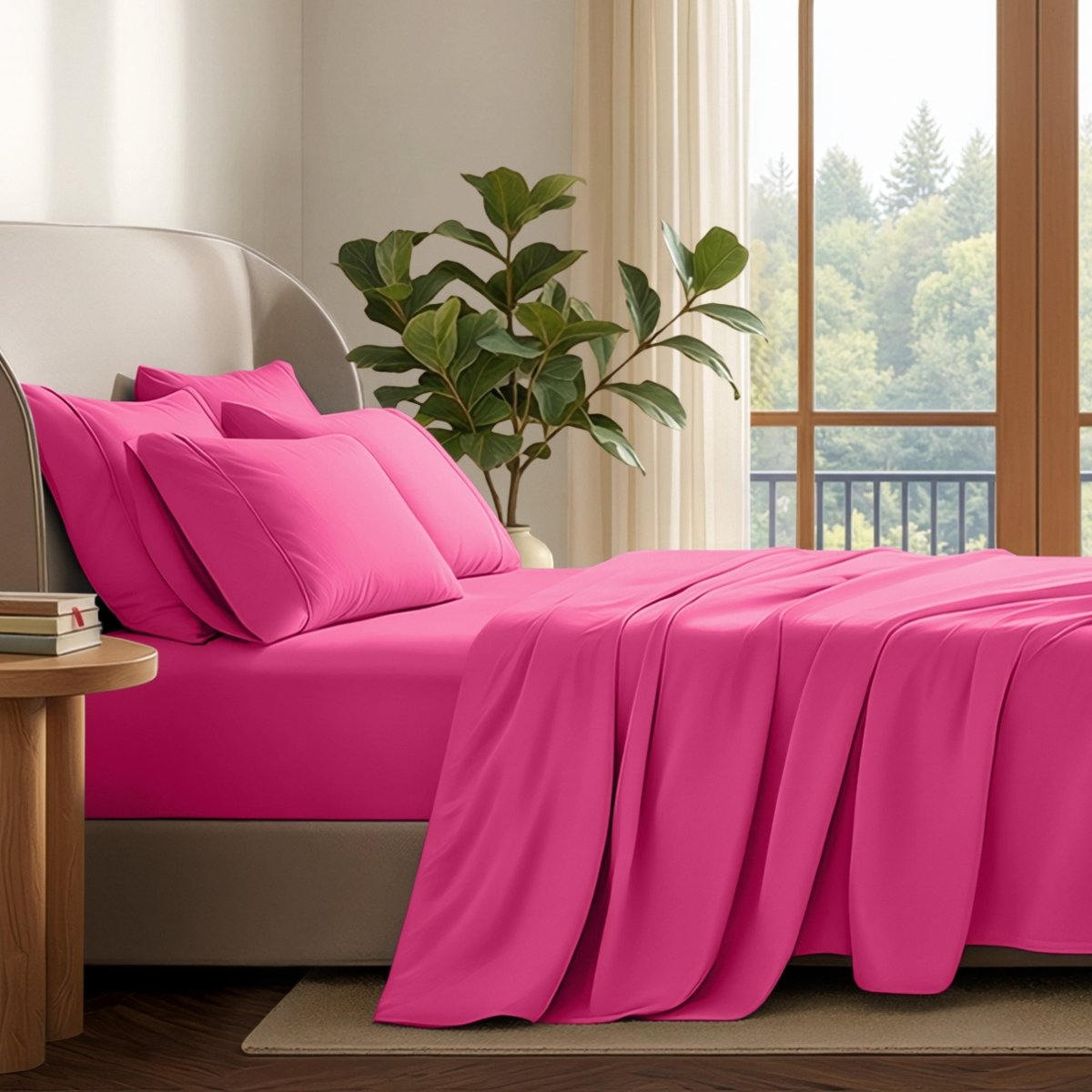 A neatly made bed with in a softly lit bedroom. A large green plant stands beside the bed, and a window with curtains is visible in the background.