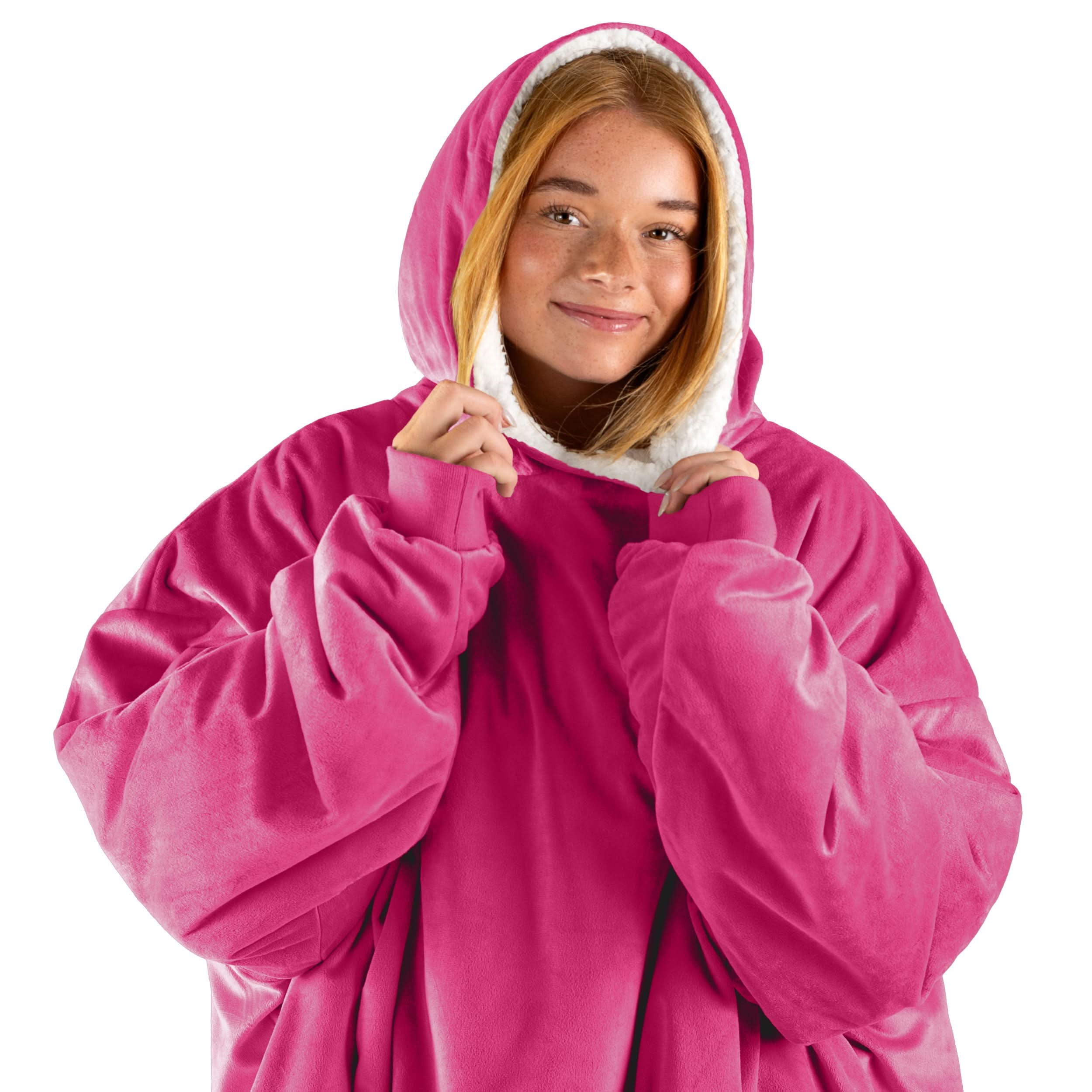 An adult with a wearable blanket on