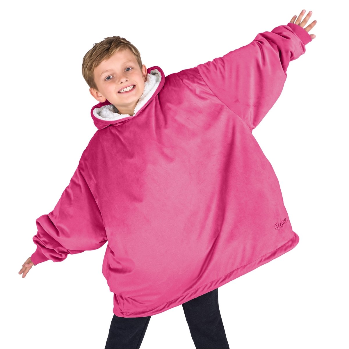 A child with a wearable blanket on