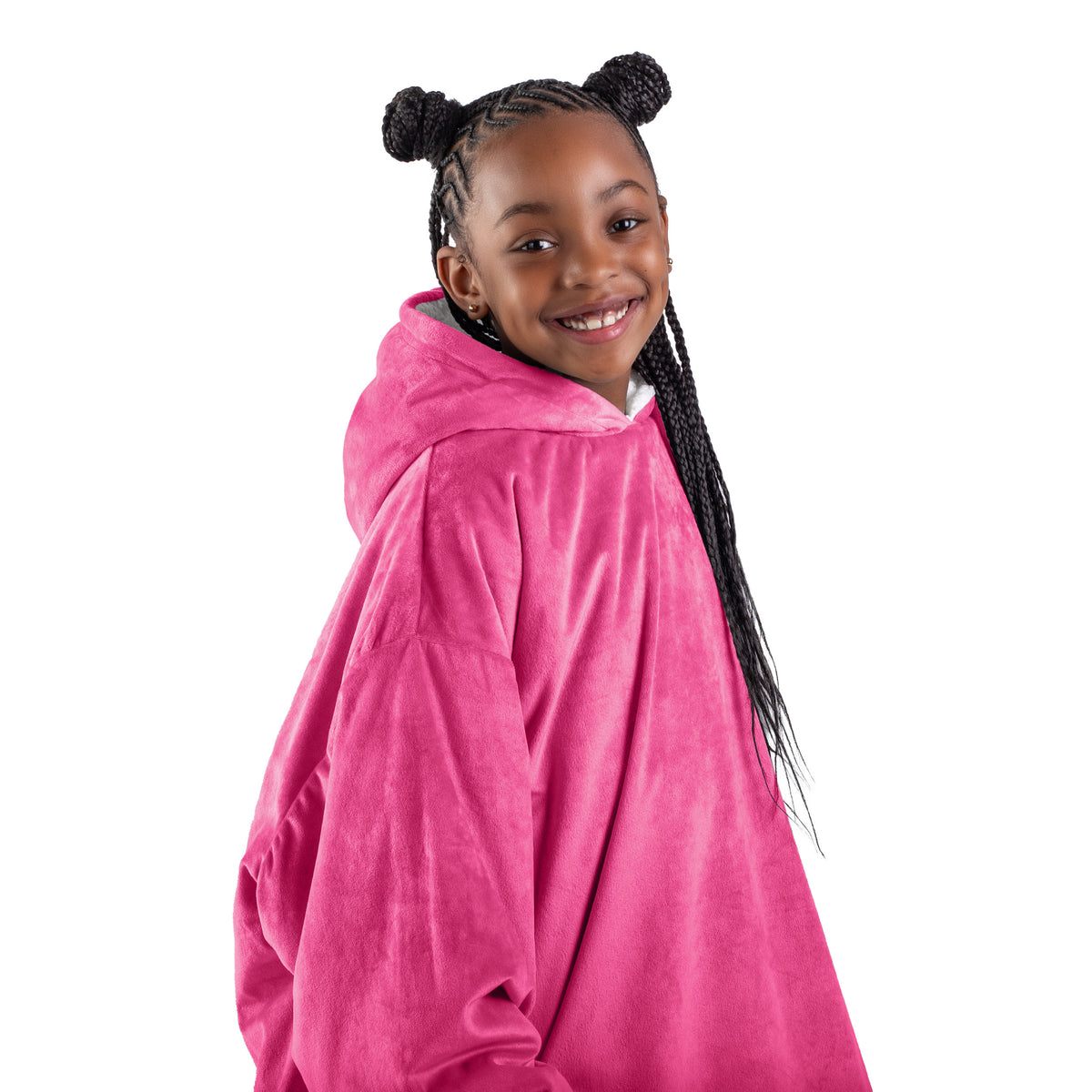 Close up of a sherpa wearable blanket on a child