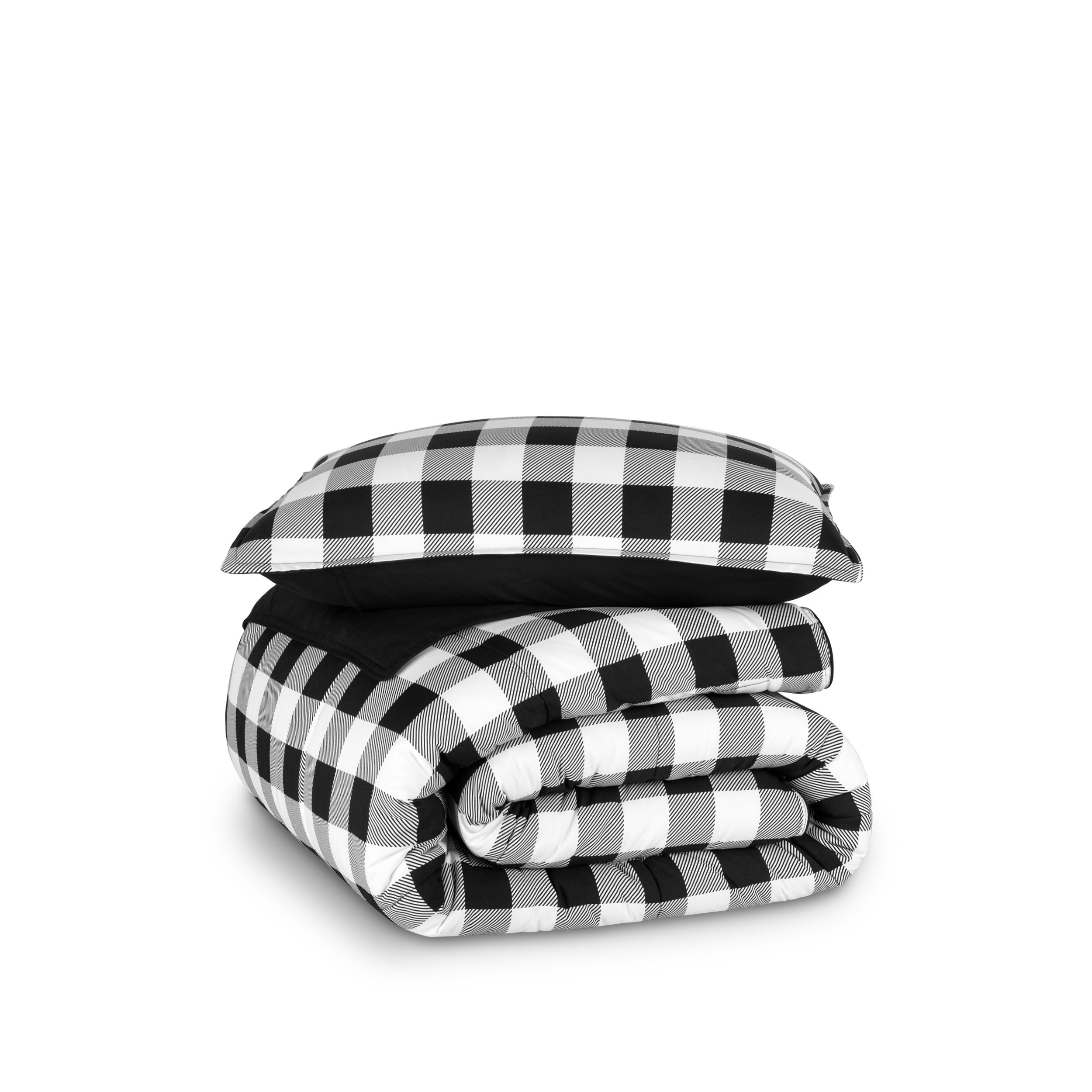 Checkered comforter and pillows on a white background