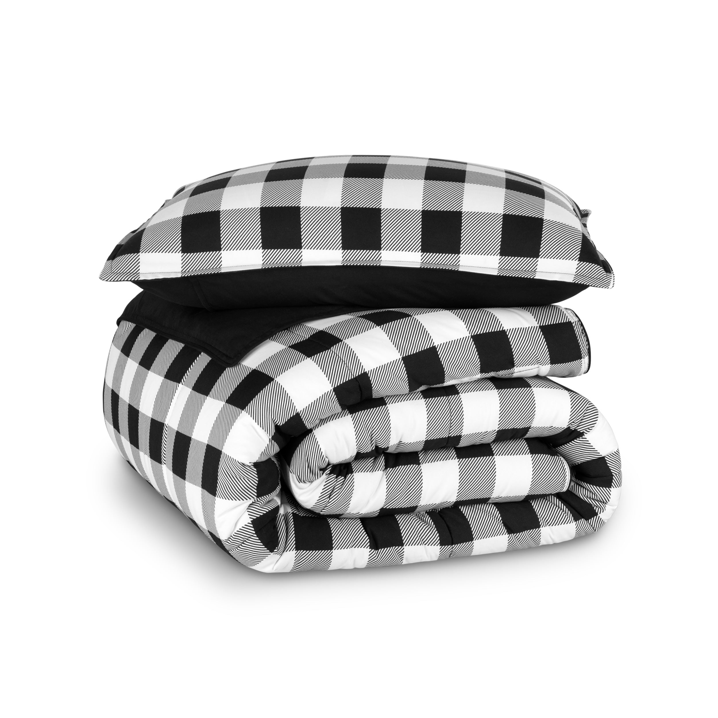 Black and white plaid comforter set folded and stacked