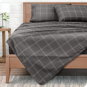 Printed flat sheet on a bed
