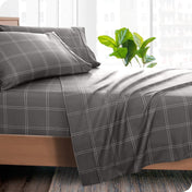 Printed flat sheet on a bed