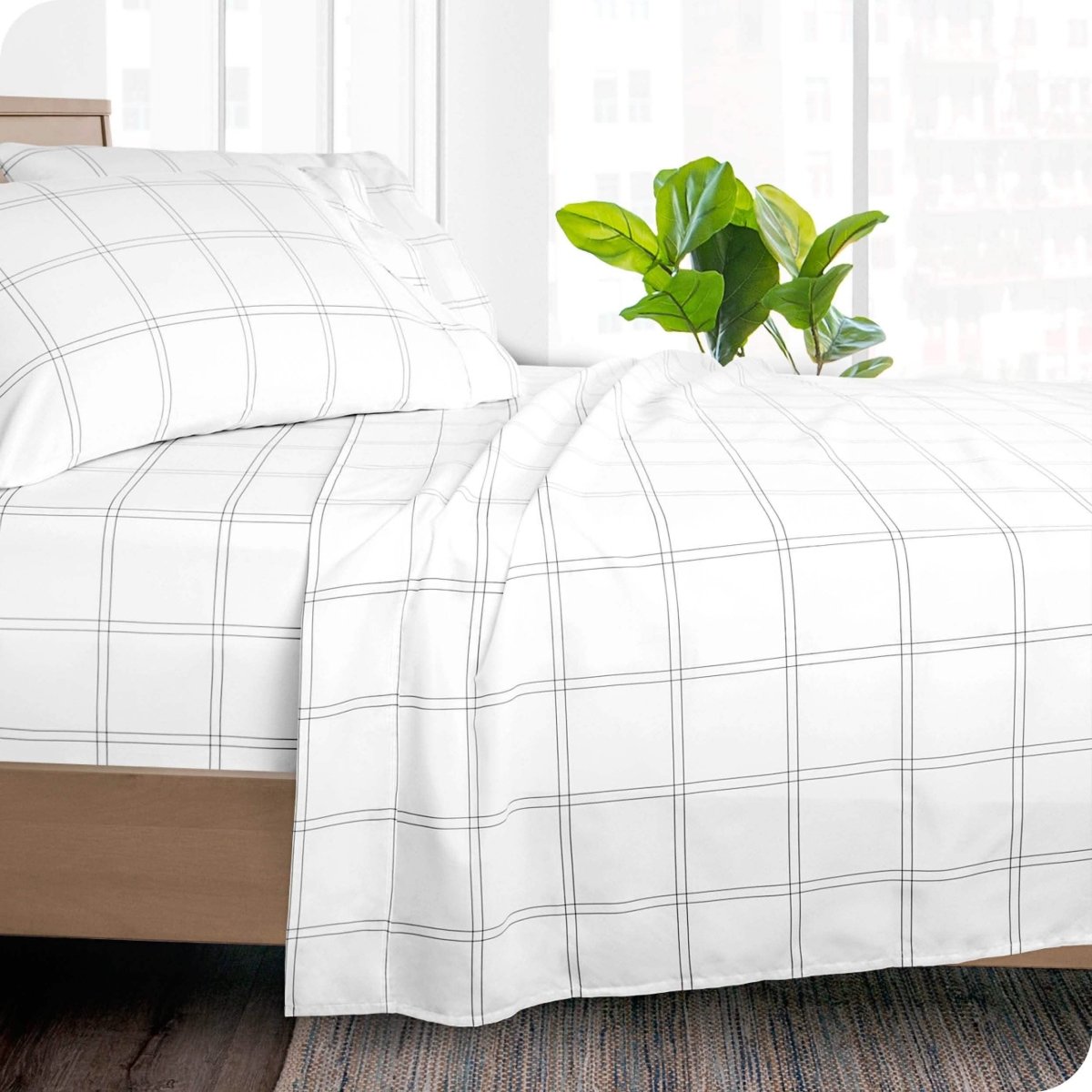 Printed flat sheet on a bed