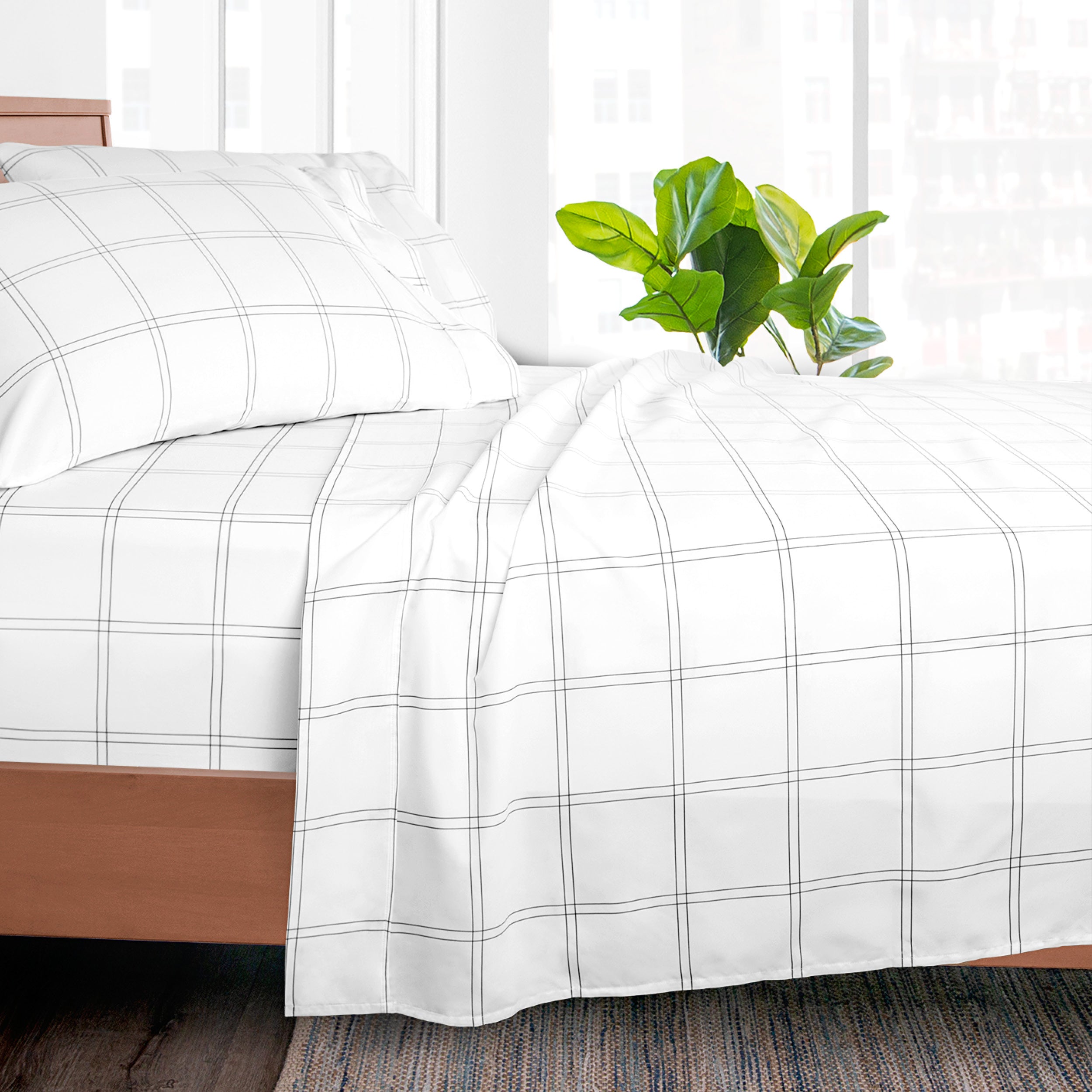 Printed flat sheet on a bed