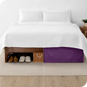 A split image showing a bed without a bed skirt on the left and with a bed skirt on the right.