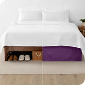 A split image showing a bed without a bed skirt on the left and with a bed skirt on the right.