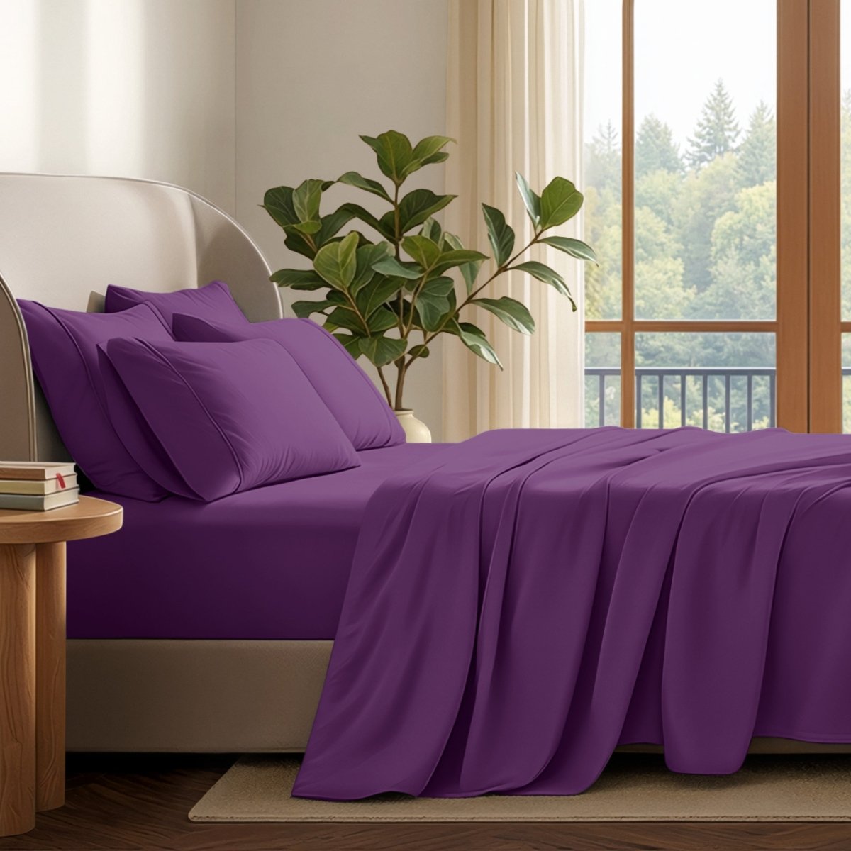 A neatly made bed with in a softly lit bedroom. A large green plant stands beside the bed, and a window with curtains is visible in the background.