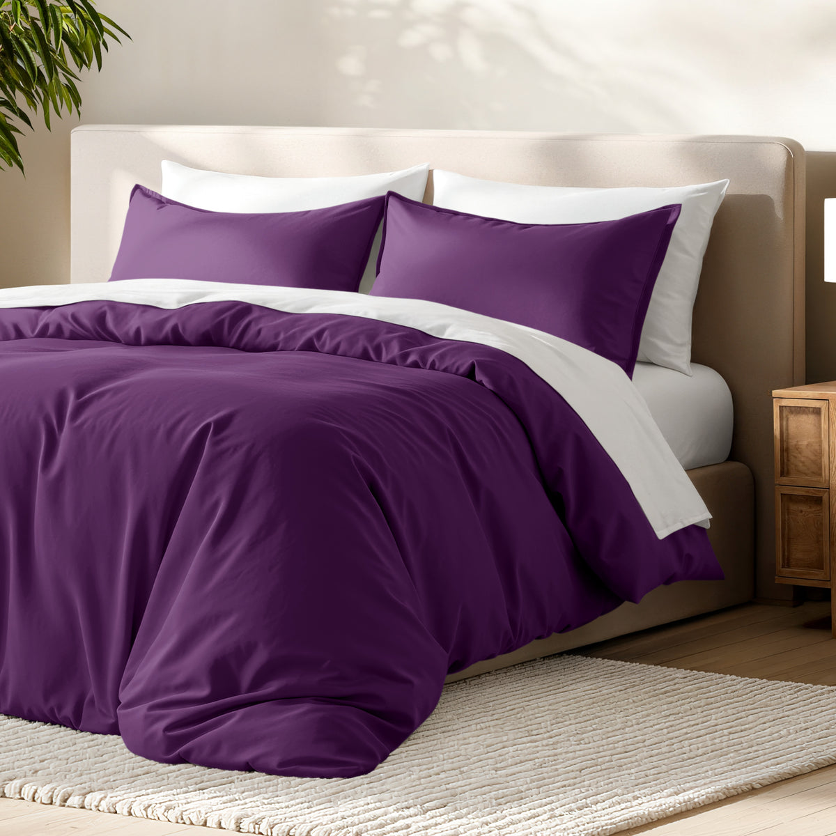 Bed with microfiber duvet cover and sham set in a bedroom setting.