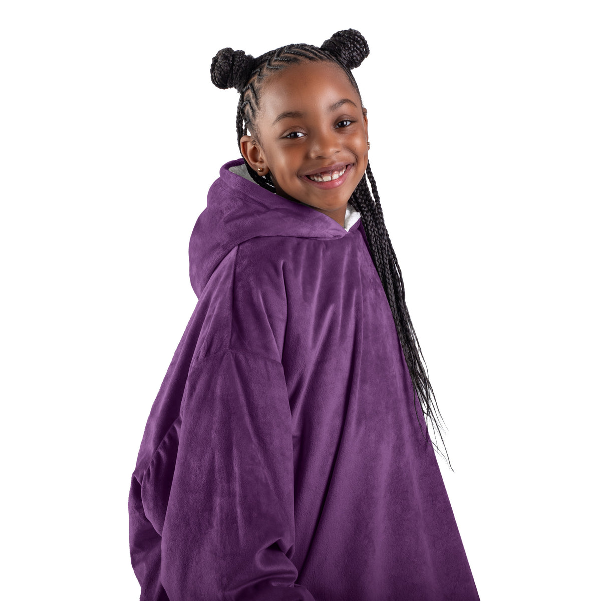 Close up of a sherpa wearable blanket on a child