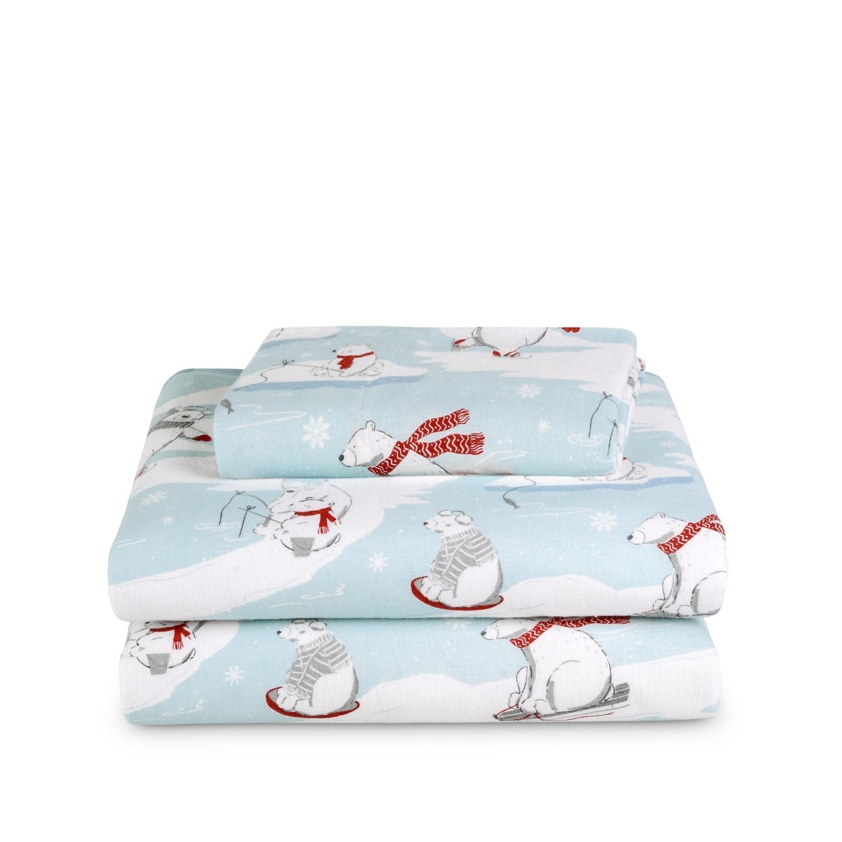 Stack of flannel sheets and pillowcases on a white background