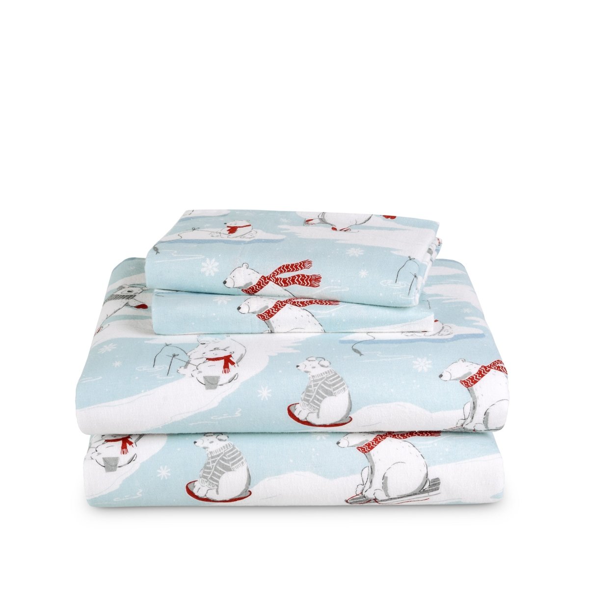 Stack of flannel sheets and pillowcases on a white background