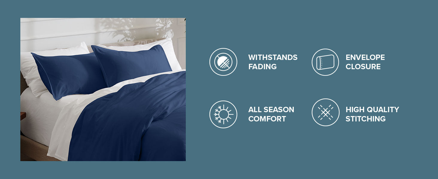 Blue Pillow Sham and Duvet on a well made bed